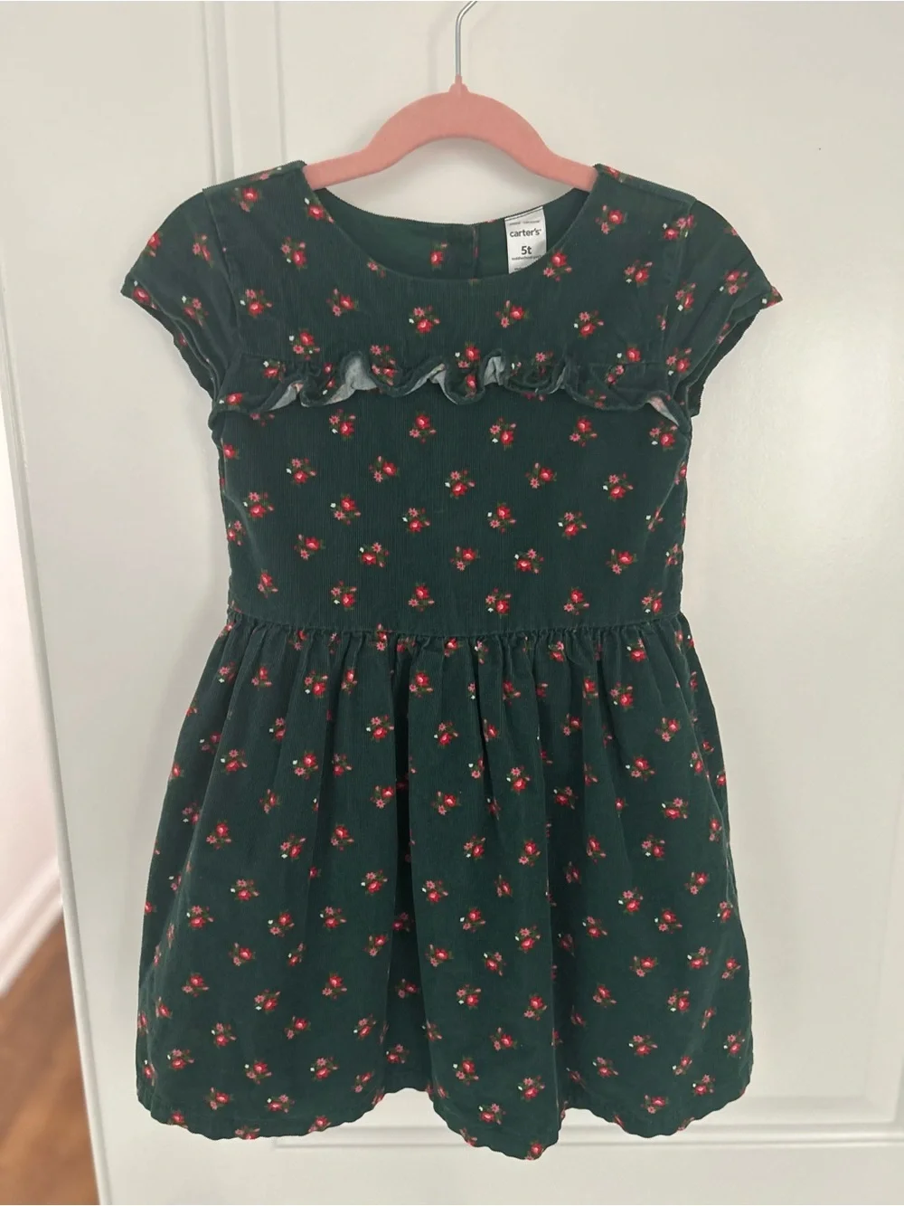 Carter's Toddler Girls Green Corduroy Floral Dress 5T Ruffle Button Back